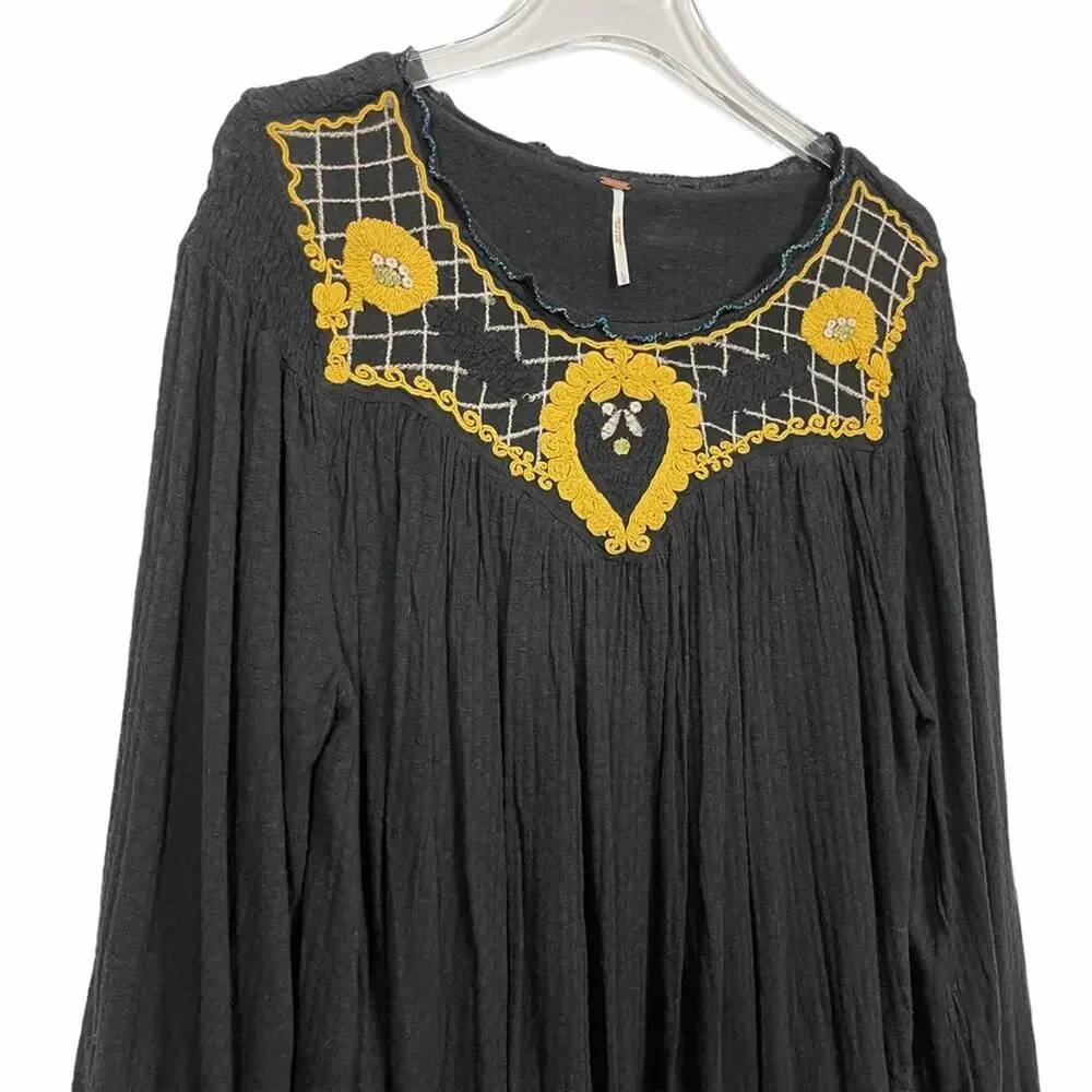 Free People Embroidered Smocked Begonia Top Linen Blend Black Size Large
